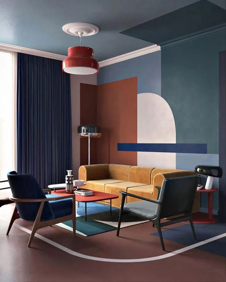 studio painting , colorful walls with yellow and black sofas